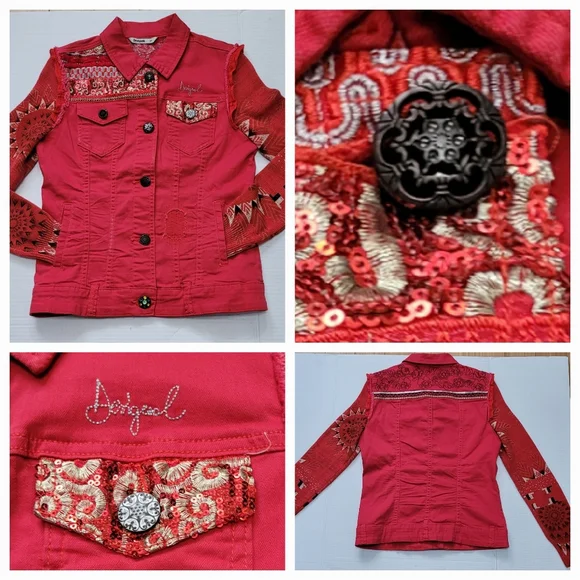 Desigual Red Embroidered Jean Jacket with Patterned Sleeves / 38 - Picture 6 of 10